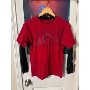 Quiksilver Mens Red Black Layered Long Sleeve Graphic T-Shirt Y2K Skate Tee